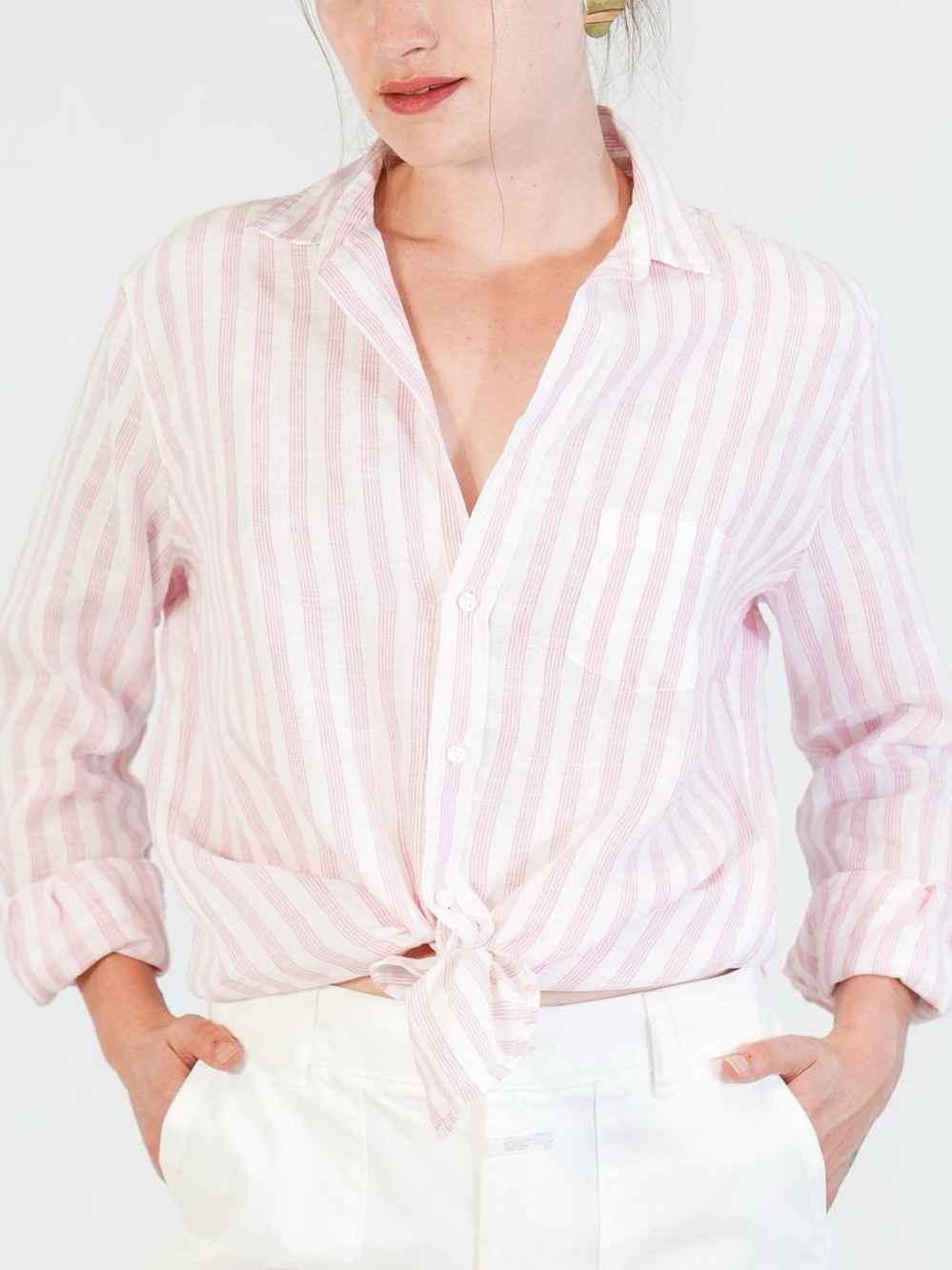 FRANK & EILEEN Multi Stripe Pink White 100% Linen Italy Coastal Clean Beach Sz M